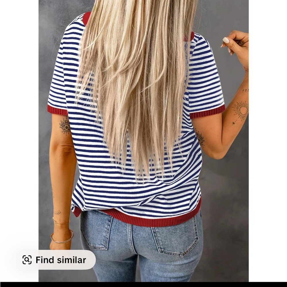 Nautical Striped Short Sleeve Top with Red Trim - Picture 3 of 9